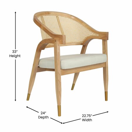 Flash Furniture Naomi Cane Rattan Dining and Accent Chair w/Solid Wood Frme, Gold Tipped Legs and Beige Padded Seat SK-220901-NAT-GG